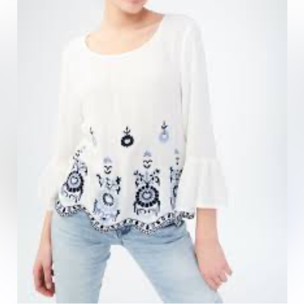 Aeropostale - White and Navy Embroidered Floral Blouse w/ Bell Sleeves - Medium